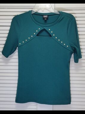 INC International Concepts Teal Ribbed Short-Sleeve Top Studs And Cutout
